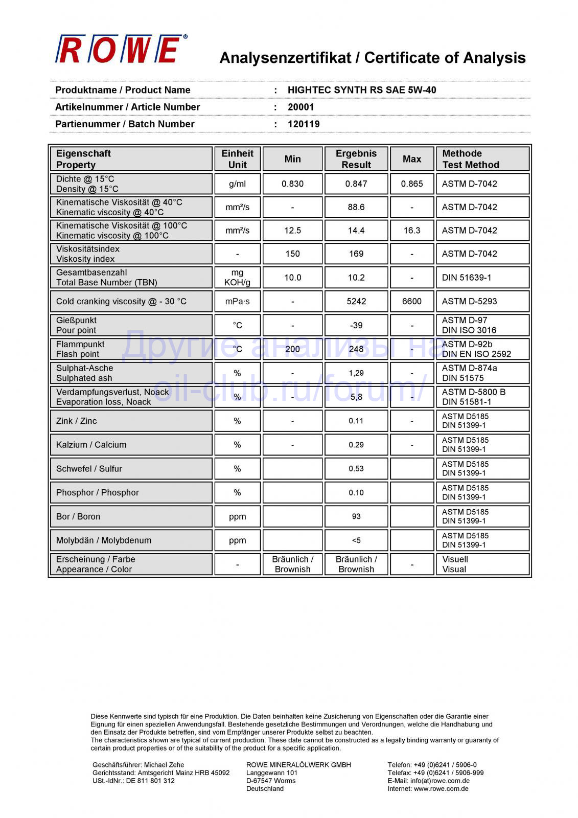 Характеристики масла рове. Rowe 5w40 RS. Rowe RS 5w40 анализ. 5w40 Рове RSI лабораторный анализ. Характеристики моторного масла Рове.