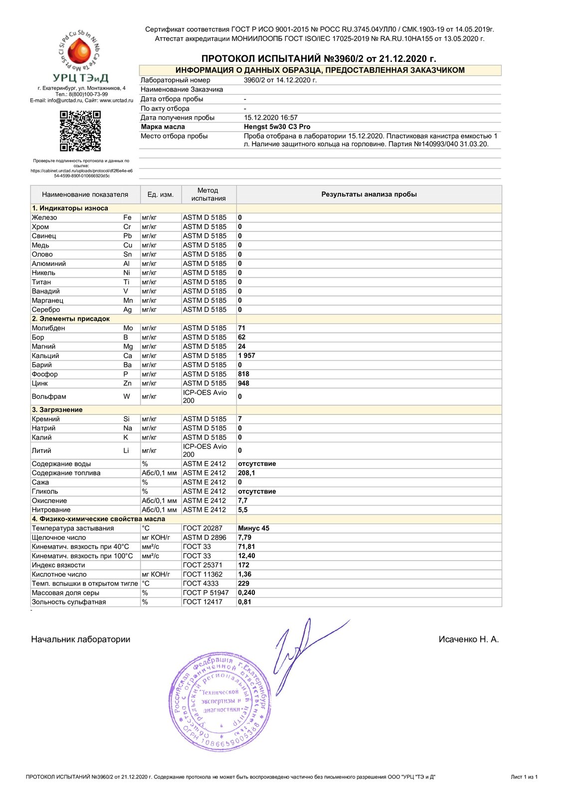 Hengst 5W-30 C3 Pro свежее - Лабораторные анализы - Свежие - Форум  oil-club.ru - Выбор моторных масел, трансмиссионных жидкостей, антифризов,  топлива, смазок. Форум экспертов и любителей.