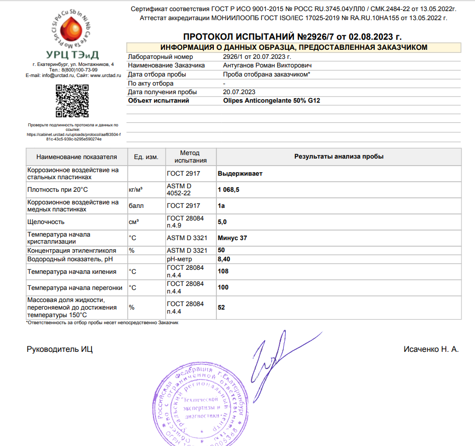 Olipes Anticongelante 50% G12+ (-37С, разведенный) свежее - Лабораторные  анализы - Антифризы - Форум oil-club.ru - Выбор моторных масел,  трансмиссионных жидкостей, антифризов, топлива, смазок. Форум экспертов и  любителей.